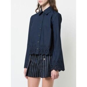 DEREK‎ LAM 10 Crosby Button-Down Shirt Eyelet Embroidery 6 Navy Blue Cotton